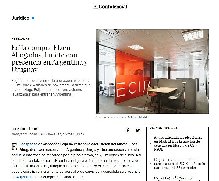 Ecija compra Elzen Abogados, bufete con presencia en Argentina y Uruguay